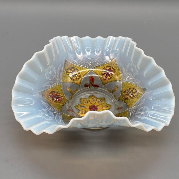 Antique Goofus Glass Bowl Opalescent Ruffled Edge Hand Painted Red Gold Floral - Picture 5 of 8